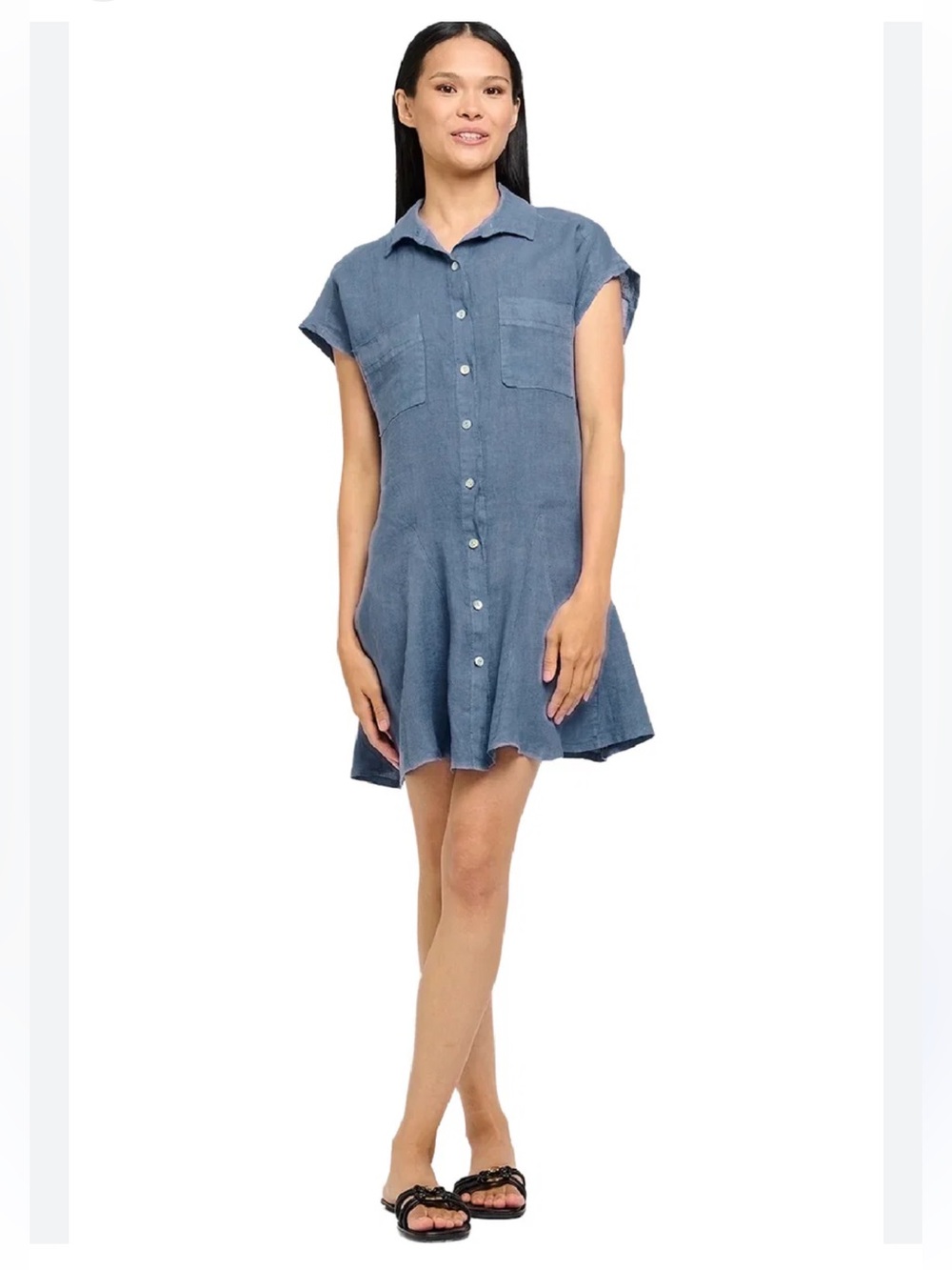 Pistache Linen-Blend Blue Button Front Dress